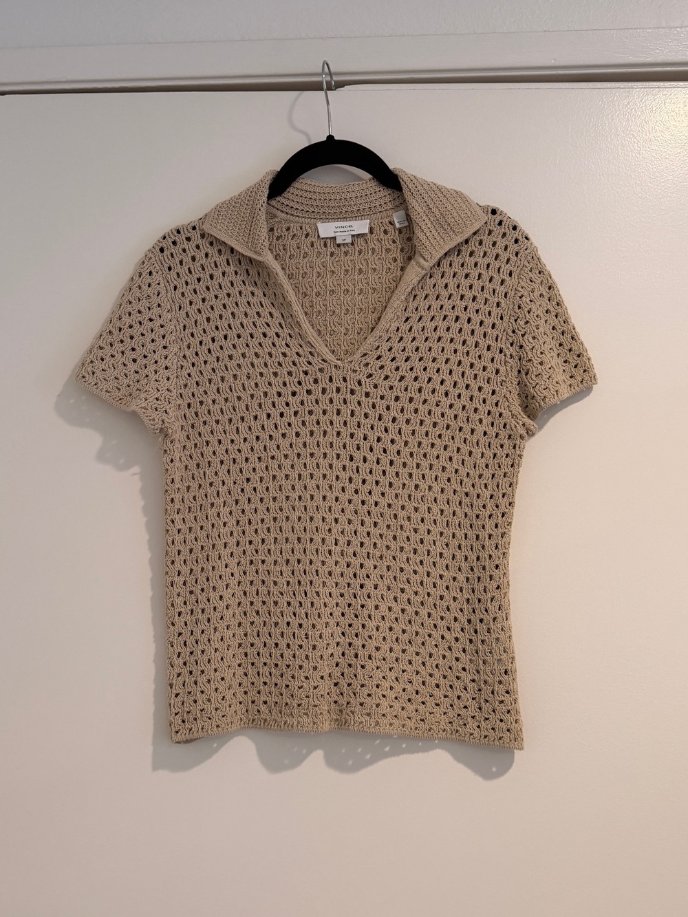 Beige Tan Crochet Knit Top by Vince Short Sleeve Net Polo Collar Italy S